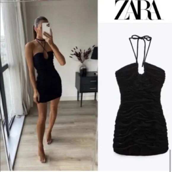 Zara  Halter Ruched Mini Dress Black Blogger Fav Sz L NWT - Picture 4 of 11